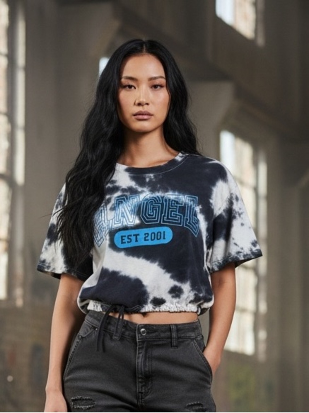 Rue21 Y2K Black & White Tie-Dye 'Angel' EST 2001 Crop Tee with Blue Graphic